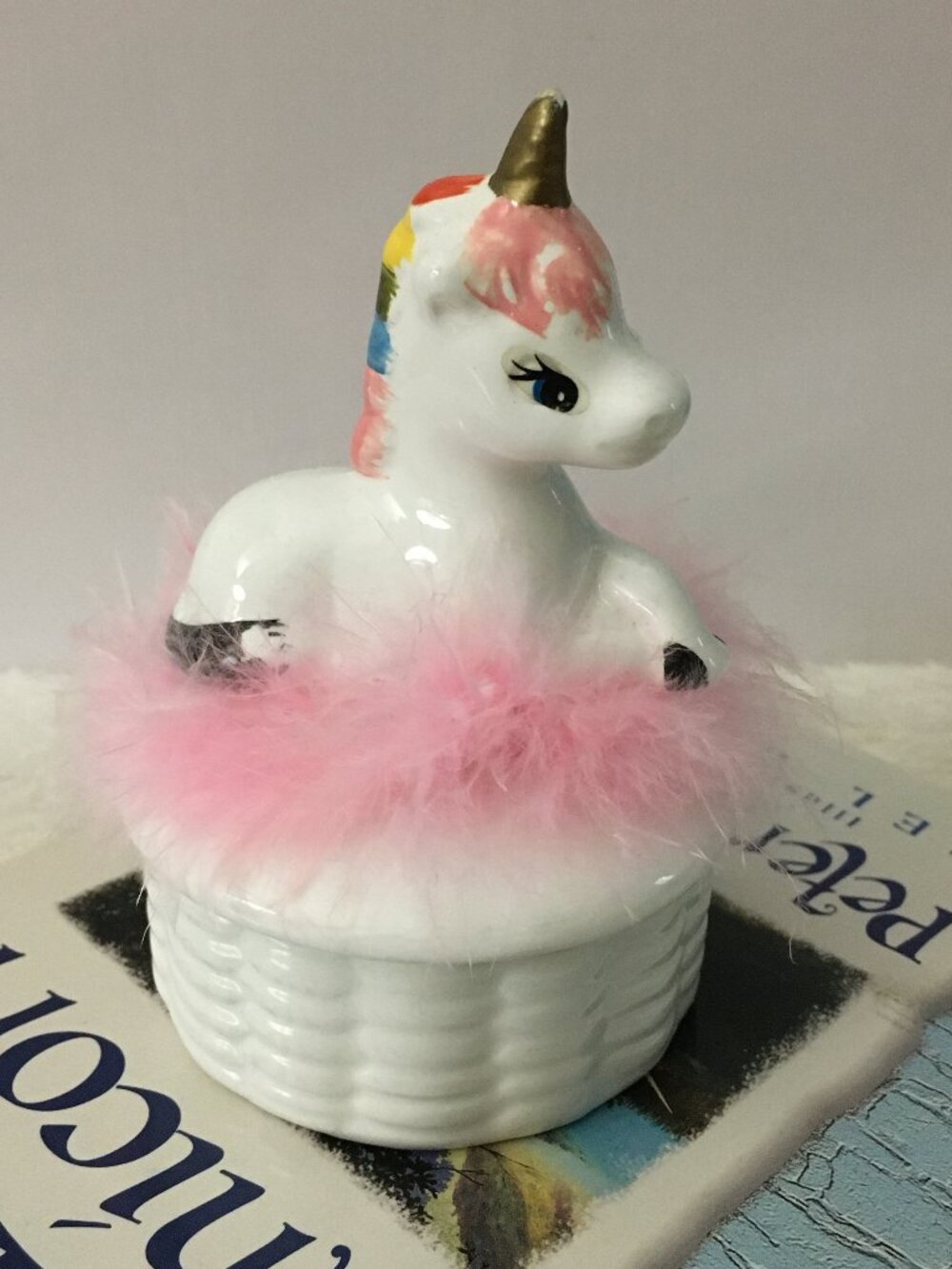 Kitsch Unicorn Porcelain Trinket Box | Pink Feather Upcycle